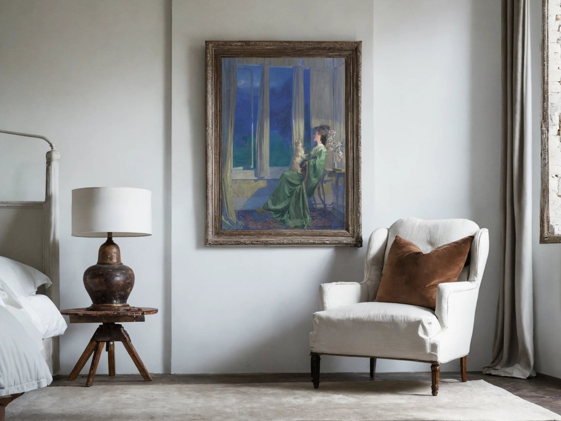 Classic Victorian Blue Evening Woman with Dog by Window Print - Image 6