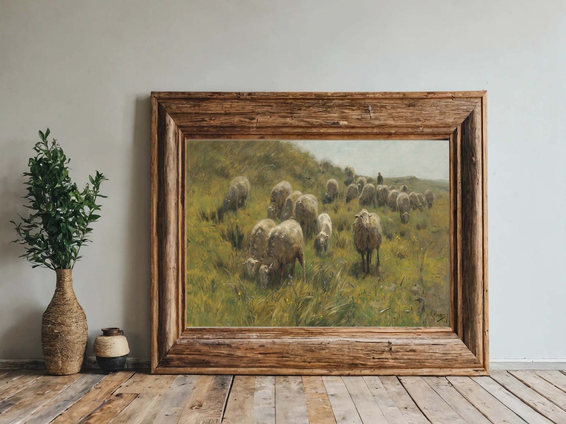 Sheep Grazing Meadow Rustic Farm Pasture Vintage Classic Print - Image 2