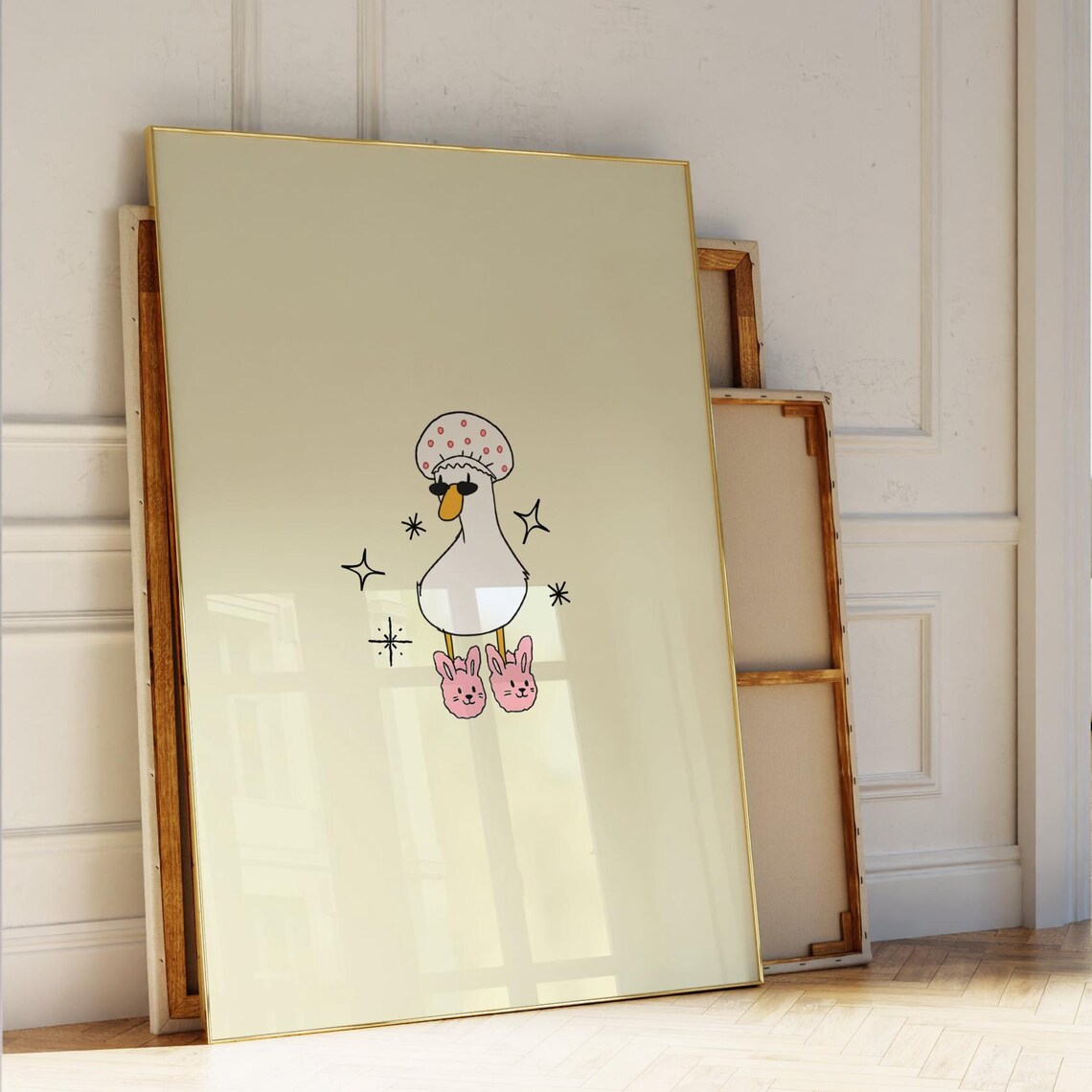 Cream Duck Shower Cap Sunglasses Pink Slippers Nursery Poster
