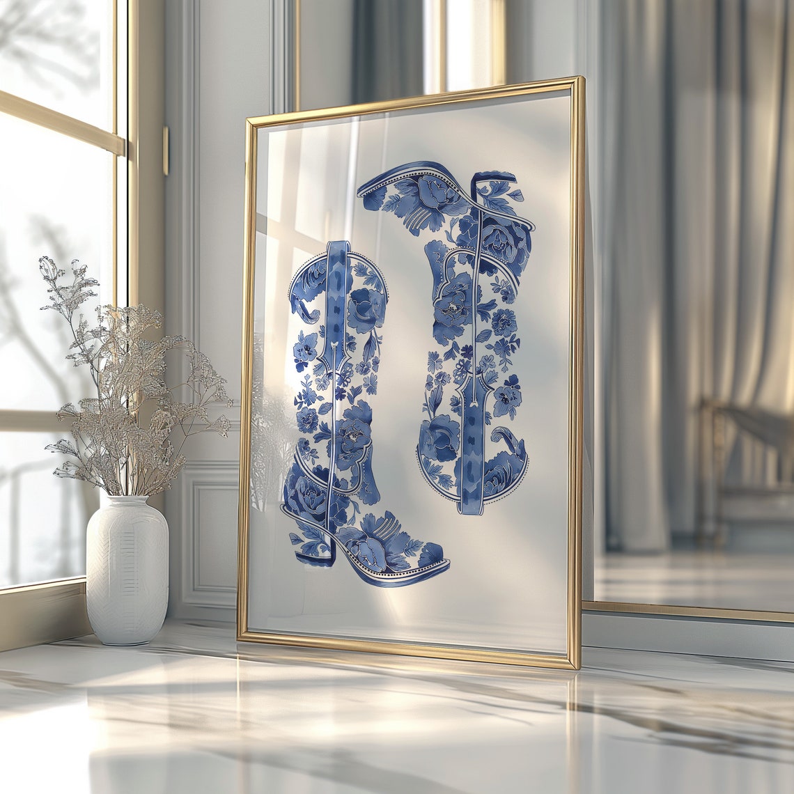 Blue Floral Chinoiserie Porcelain Cowboy Boots Western Poster - Image 3