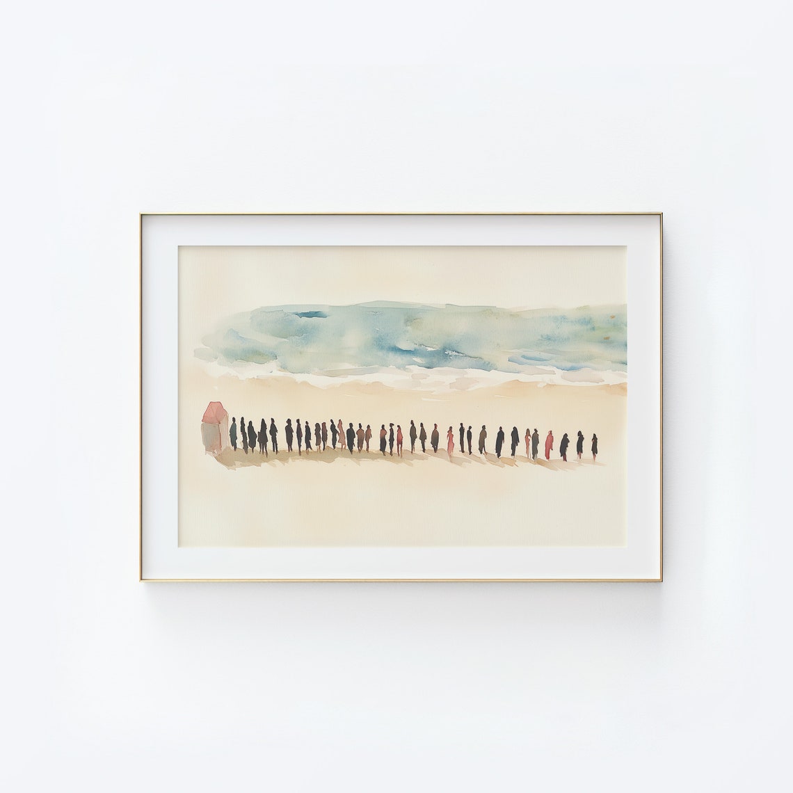 Beach Shoreline Silhouette Figures Watercolor Coastal Decor Poster