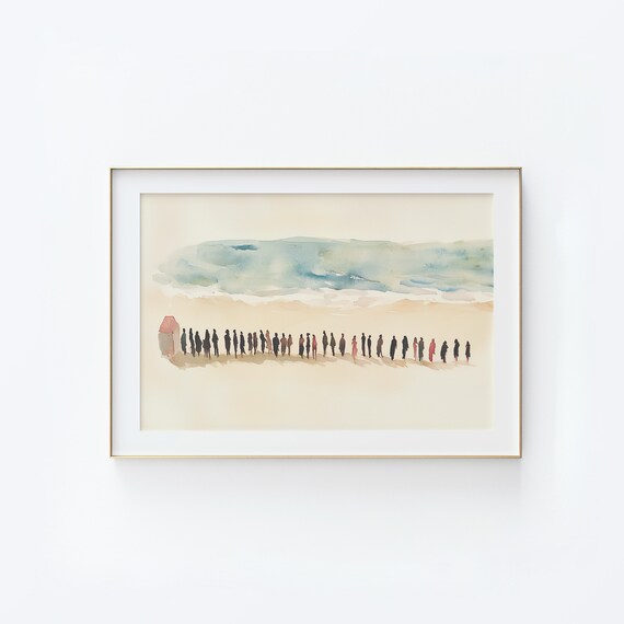 Beach Shoreline Silhouette Figures Watercolor Coastal Decor Poster