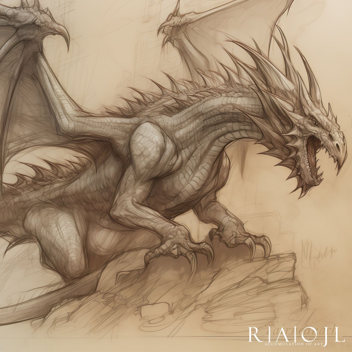 Tairneanach Dragon Sepia Ink Sketch Vintage Fantasy Art Poster - Image 4