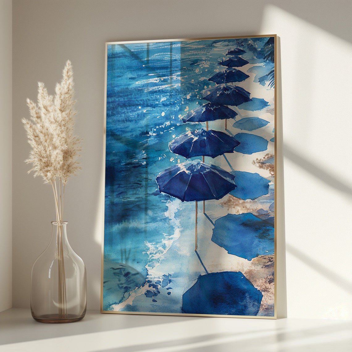 Blue Beach Umbrellas Aerial Watercolor Coastal Scene Decor Poster - Image 3