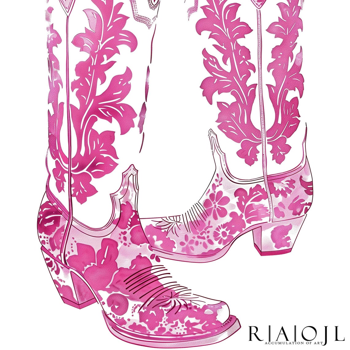 Pink Floral Cowboy Boots Botanical Western Line Art Wall Poster - Image 4