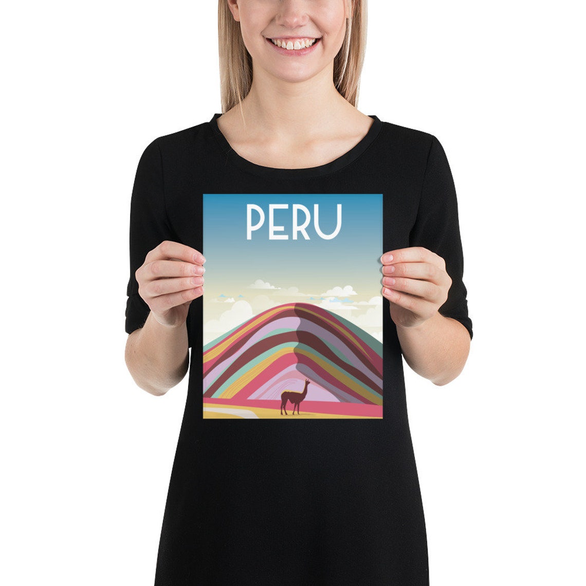 Peru Rainbow Mountain Travel Poster Striped Andes Alpaca Scene - Image 3