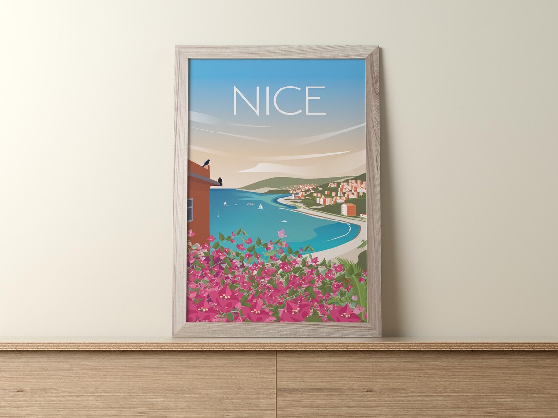 Nice France Travel Poster Mediterranean Bay Flowers Coast Scene - Image 2