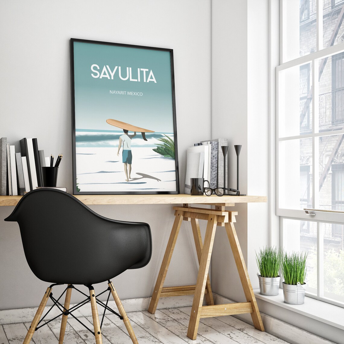 Sayulita Mexico Surfer Beach Boardwalk Ocean Waves Travel Poster - Image 2
