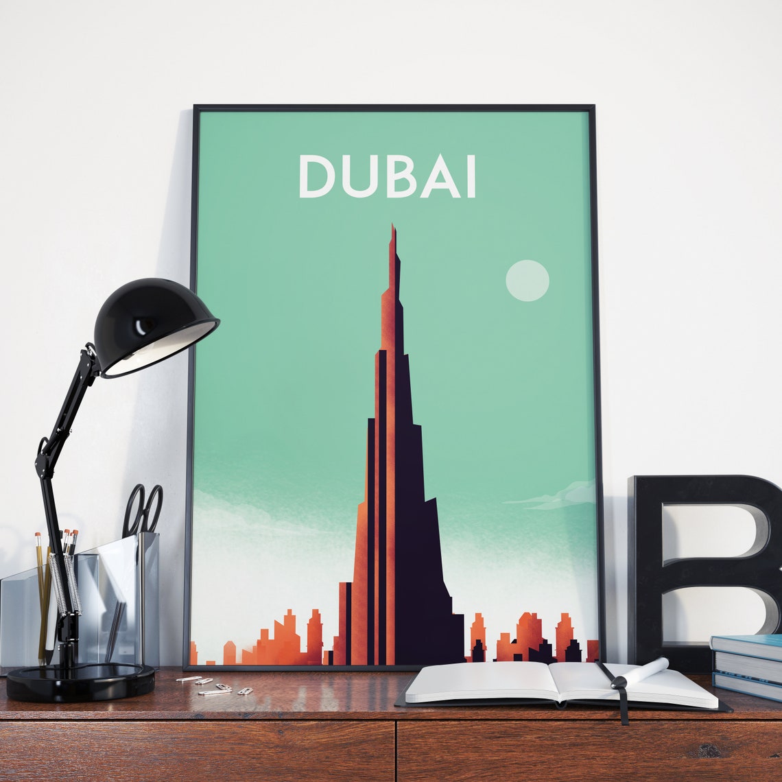 Dubai Burj Khalifa Tower Skyline Mint Sky Vintage Travel Poster - Image 2