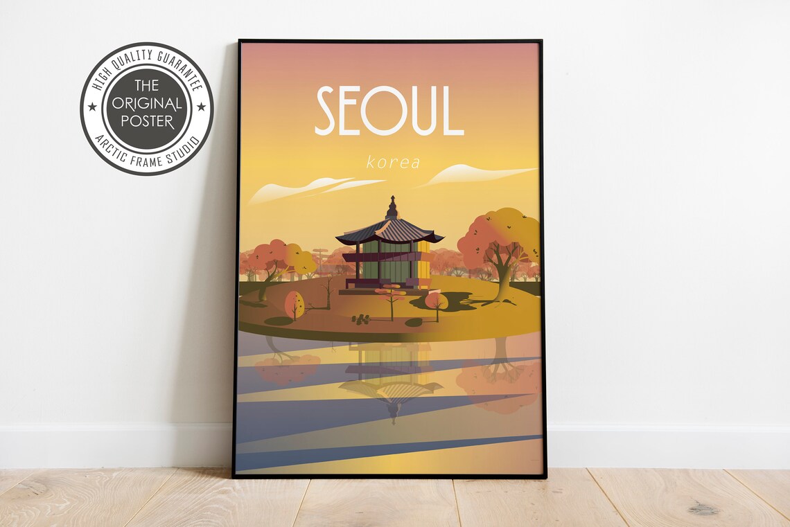 Seoul Korea Travel Poster Pagoda Lake Autumn Sunset Serene Scene