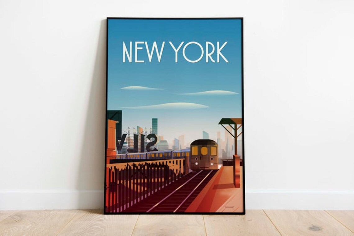 New York City Elevated Subway Travel Poster Sunset Train Art