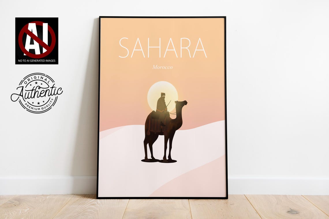 Sahara Morocco Camel Rider Desert Sunset Silhouette Travel Poster