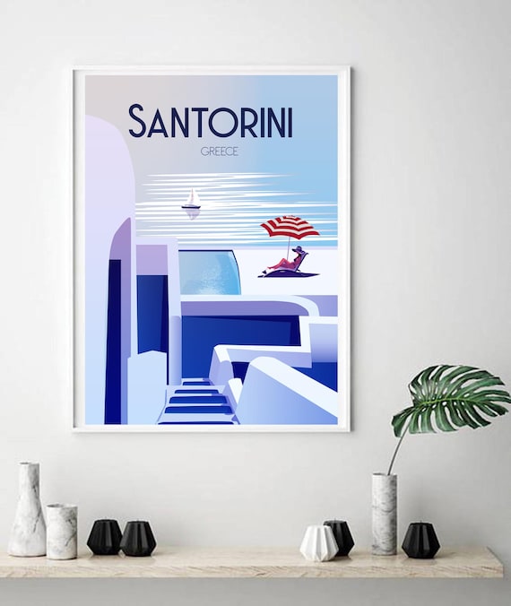 Santorini Greece Vintage Travel Poster Greek Island Home Living Wall Dcor Sizes Inches 8x10 12x16 18x24 24x36