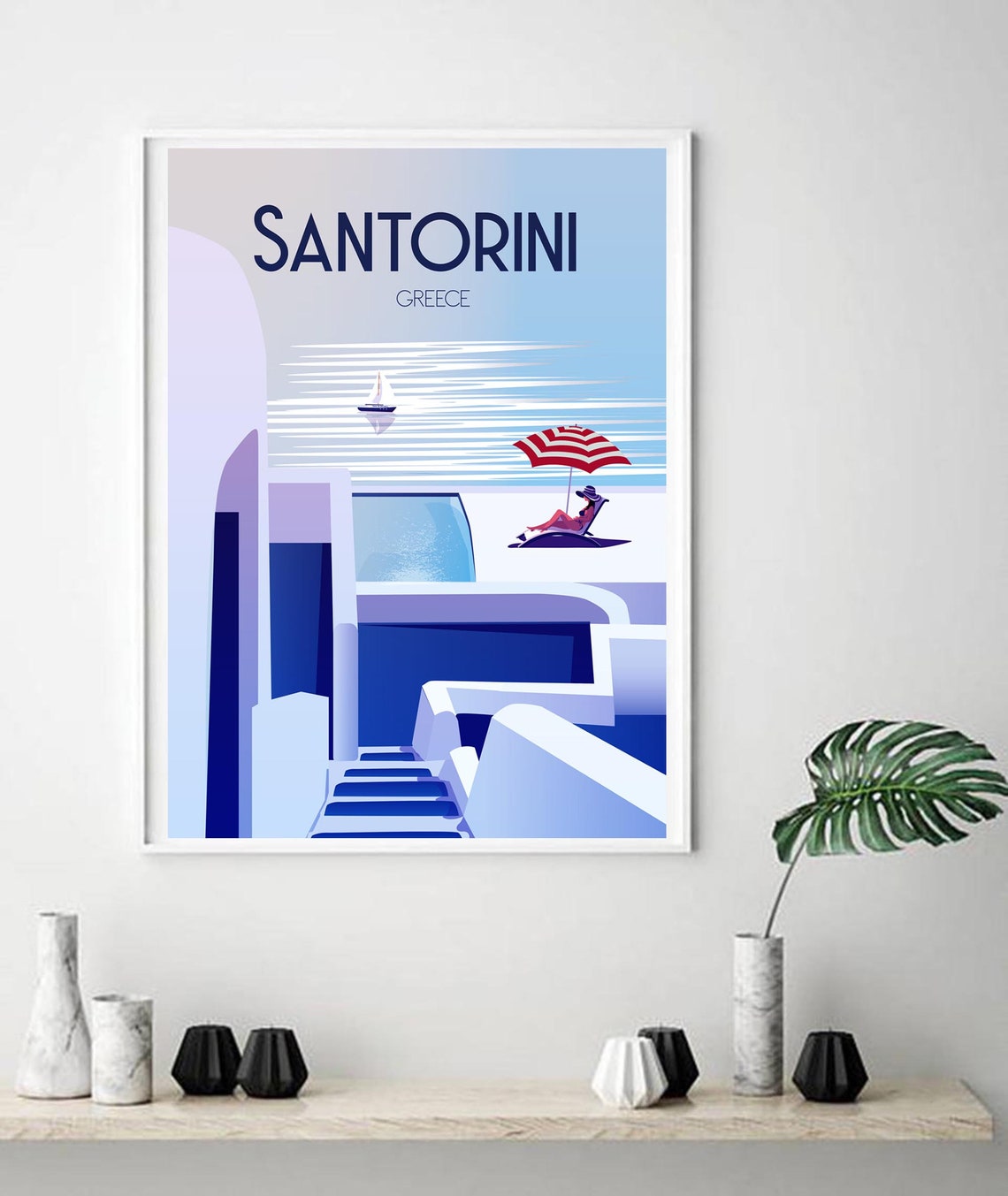 Santorini Greece Blue Domes Steps Seaside Vintage Travel Poster