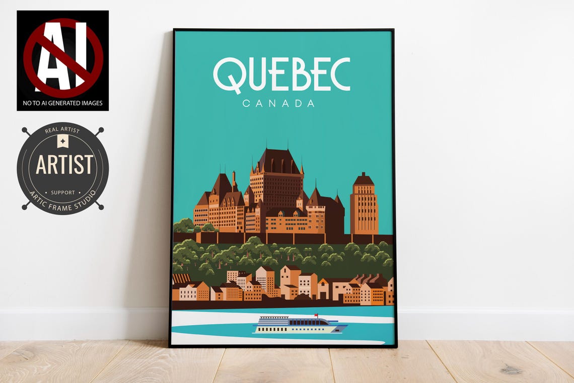 Quebec Canada Waterfront Castle Skyline Vintage Travel Poster