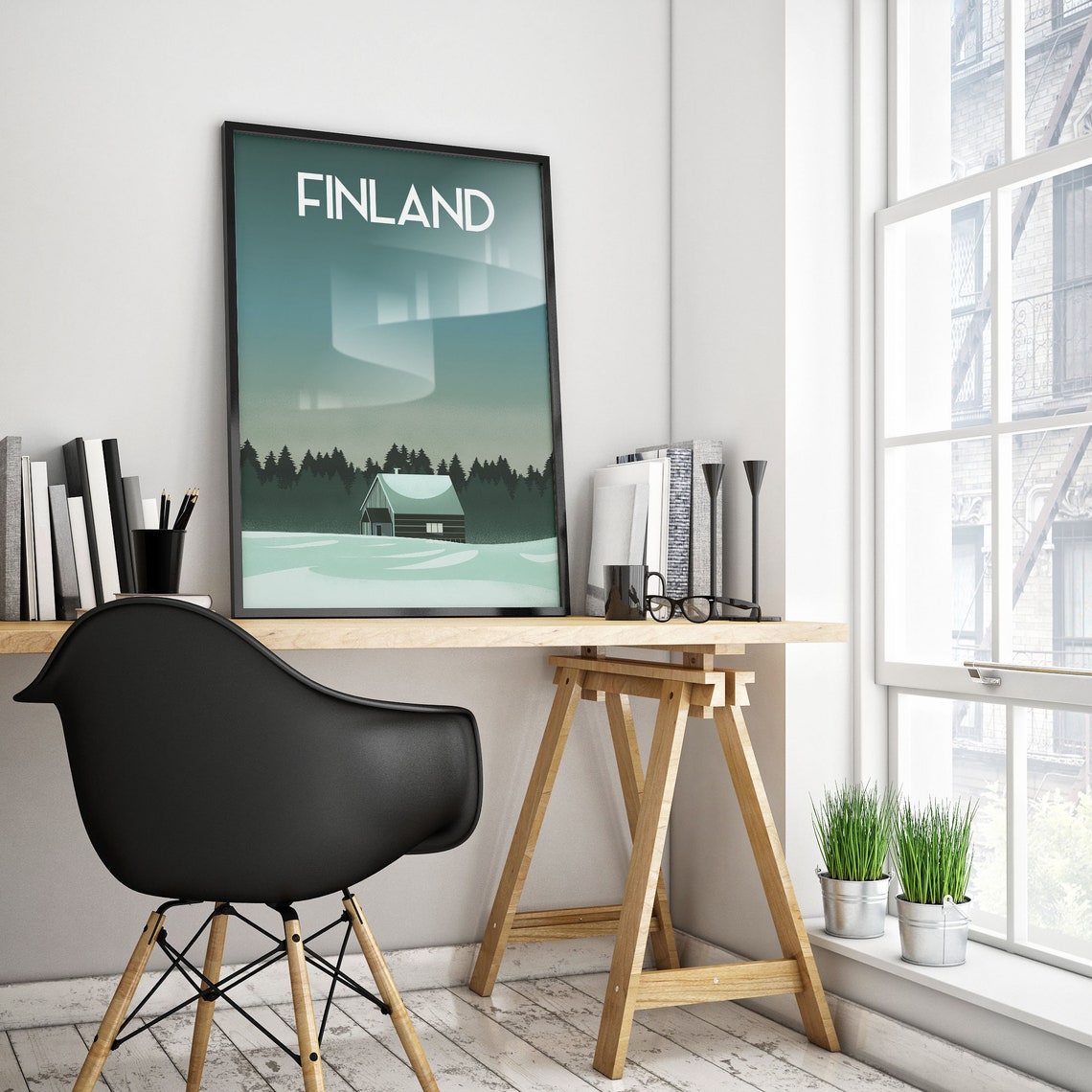 Finland Northern Lights Travel Poster with Snowy Cabin Night Scene - Image 2