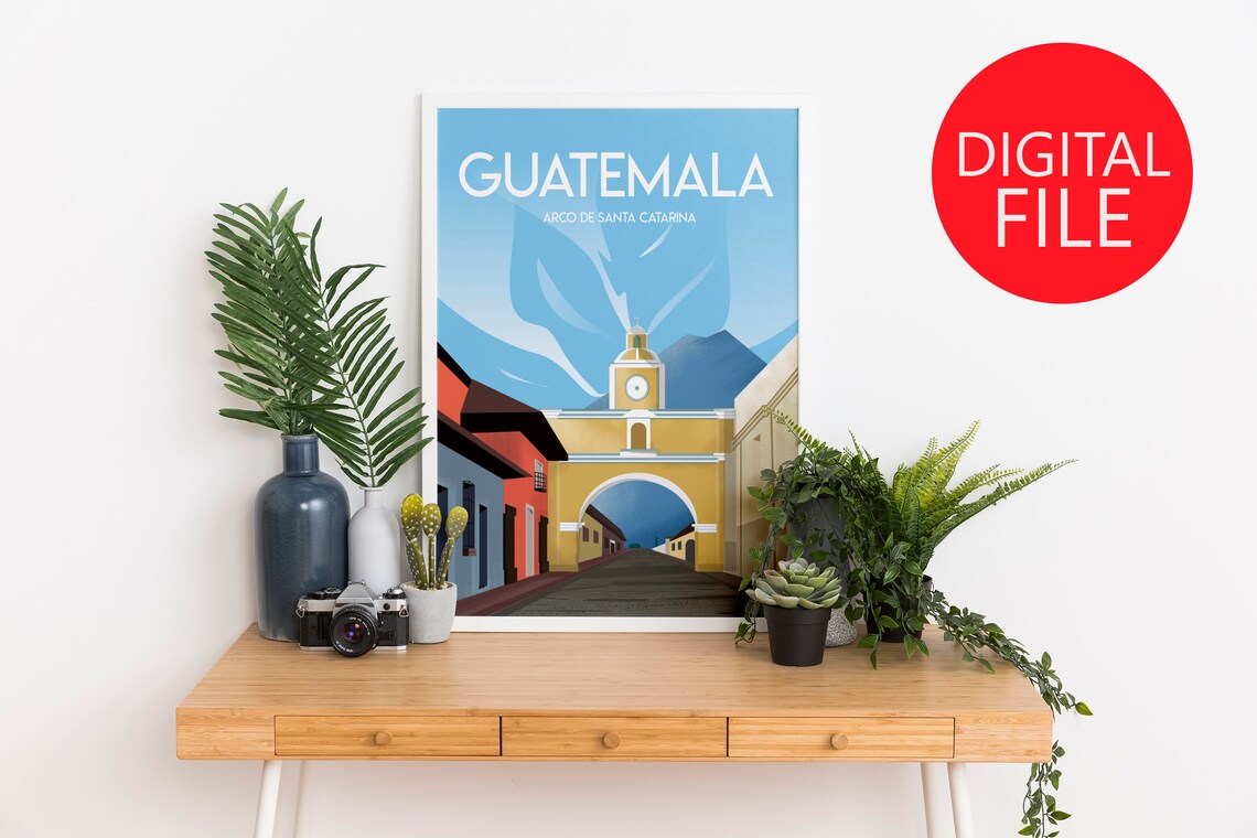 Guatemala Arco de Santa Catarina Travel Poster Volcano View Art
