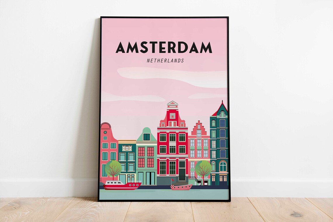 Amsterdam Netherlands Canal Houses Vintage Retro Travel Poster