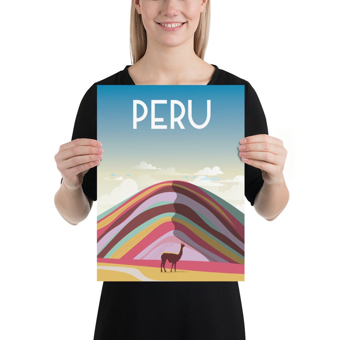 Peru Rainbow Mountain Travel Poster Striped Andes Alpaca Scene - Image 2