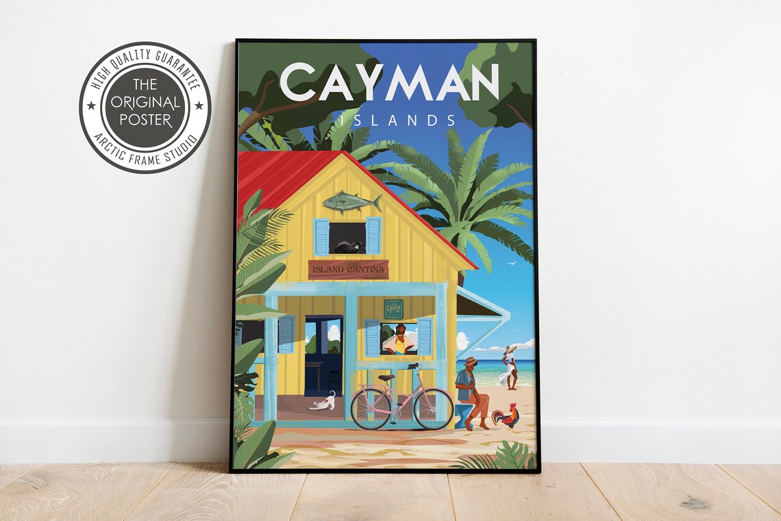 Cayman Islands Beach Bar Island Cantina Palm Tree Travel Poster