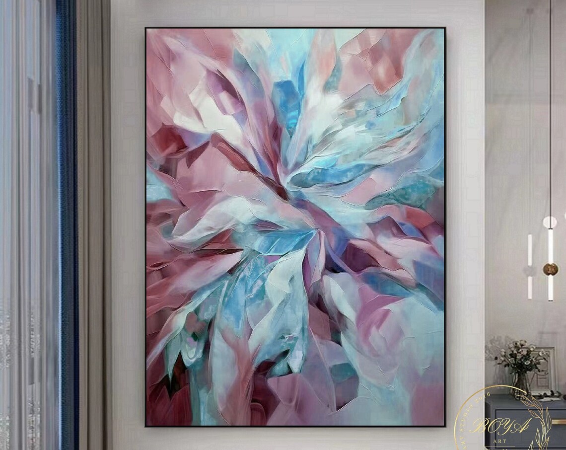 Pink and Blue Abstract Bloom Flower Textured Painting Art Poster