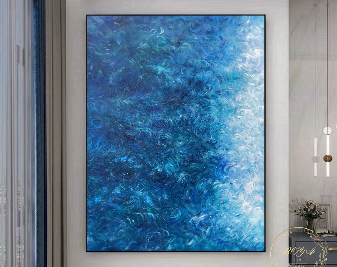 Deep Blue Swirling Ocean Wave Texture Abstract Painting Art Poster