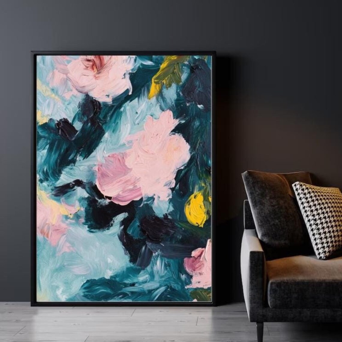 Abstract Floral Oil Painting Pink Teal Bold Brushwork Art Poster