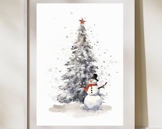 Christmas Tree With Happy Snowman Winter Art Holiday Decor Moody Neutral Holiday Art Fir Tree In The Snow A1