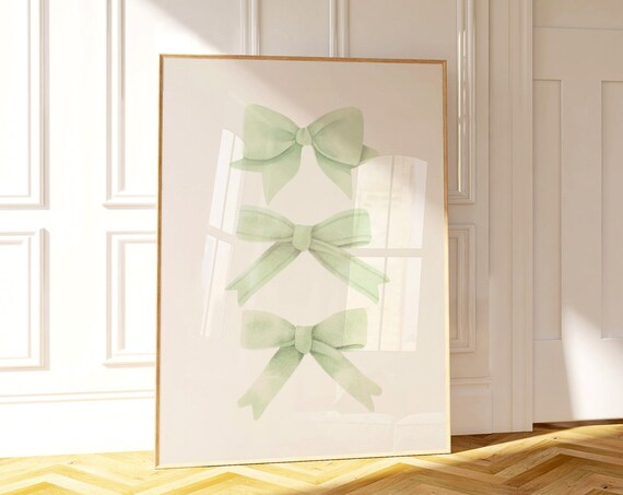 Sage Green Bows Watercolor Trio Soft Coquette Ribbon Minimalist Dorm Wall Poster