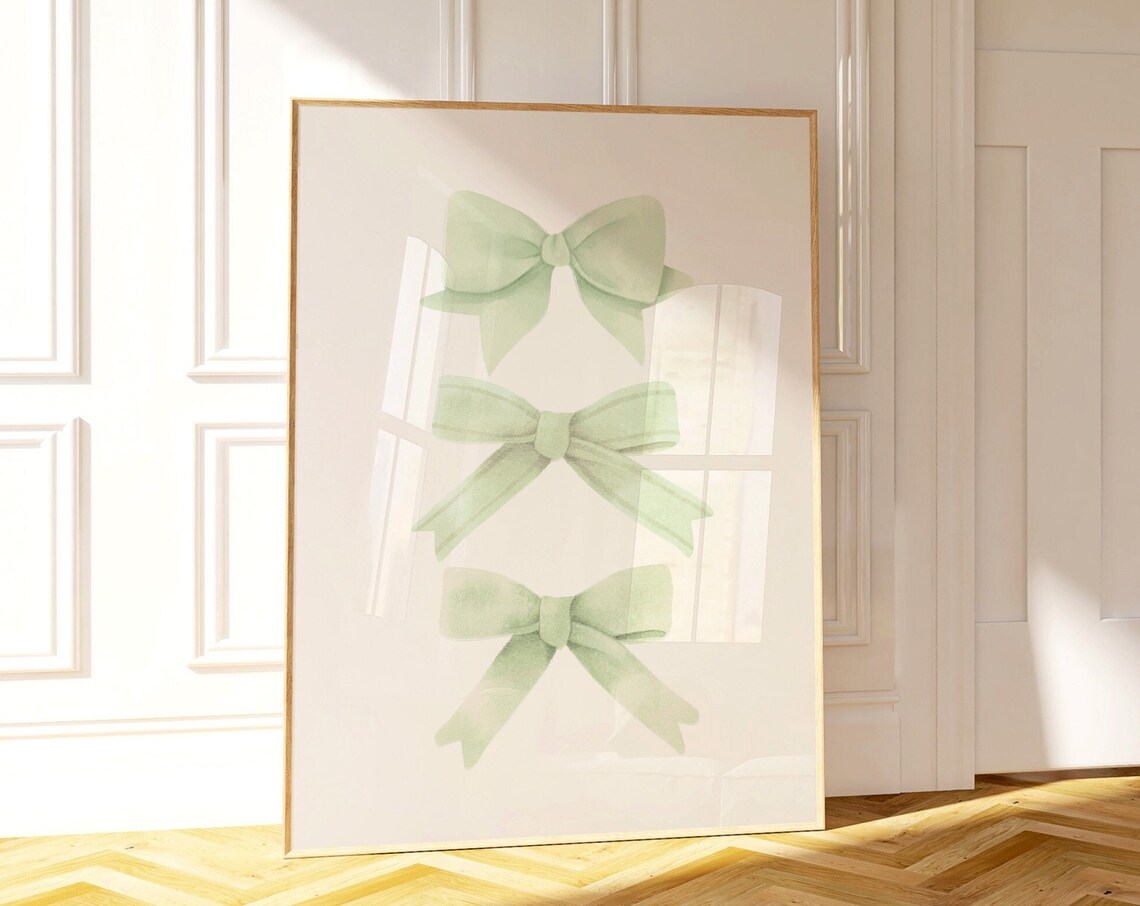 Sage Green Bows Watercolor Trio Soft Coquette Ribbon Minimalist Dorm Wall Poster
