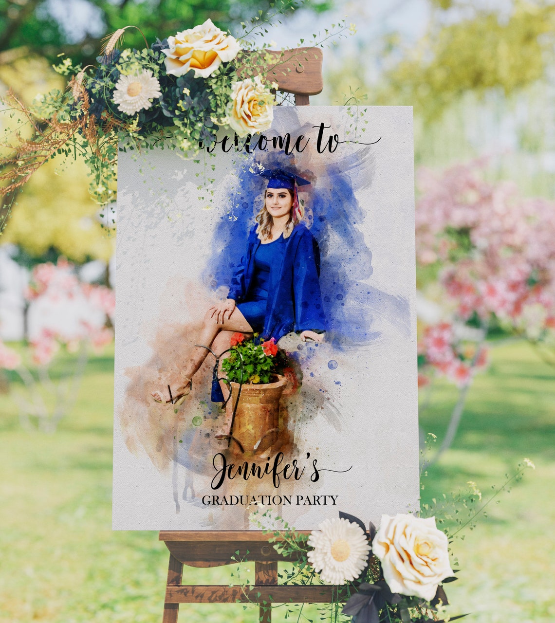Watercolor Graduation Welcome Sign Cap and Gown Portrait Poster - Image 4