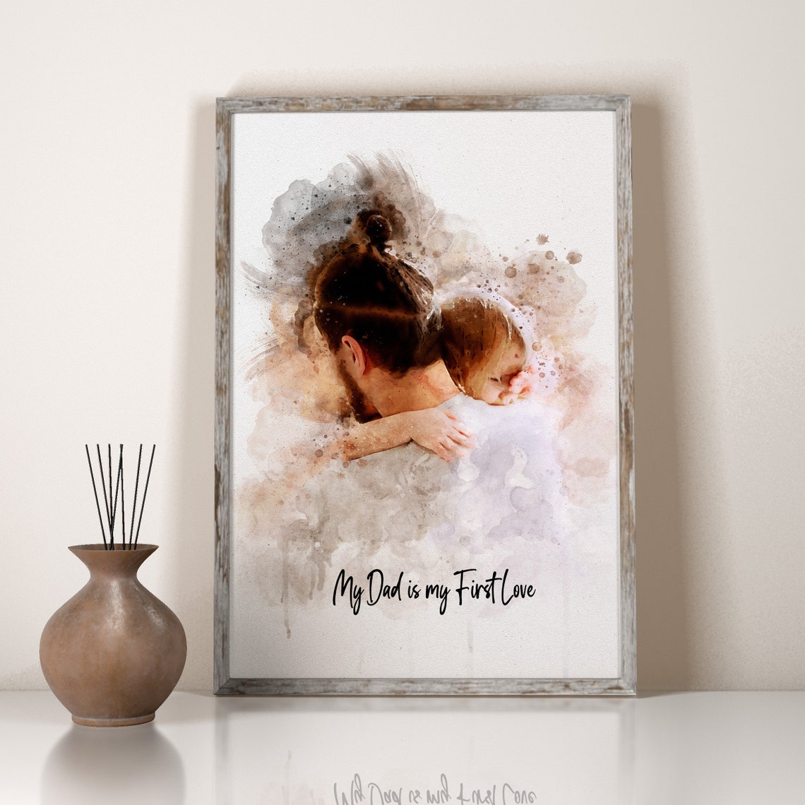 Fathers Day Gifts From Wife Daughter Mom Dad Gift Father Birthday Gift Watercolor Father Daughter Portrait Family Painting Gift For Him - Image 3