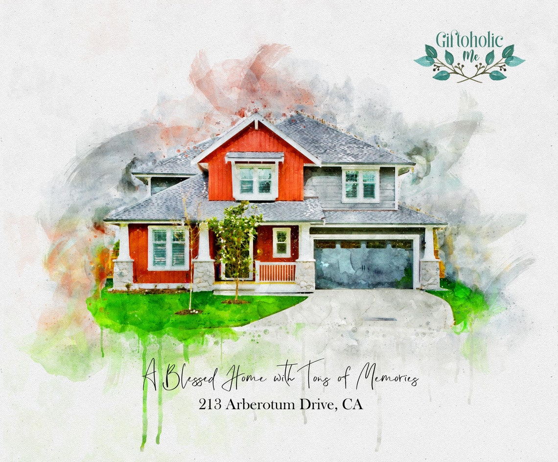 Red Sided House Watercolour Portrait Blessed Home Memories Text Poster