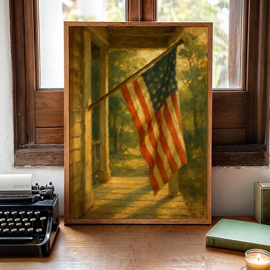 Vintage American Flag Porch Rustic Americana Oil Painting Poster