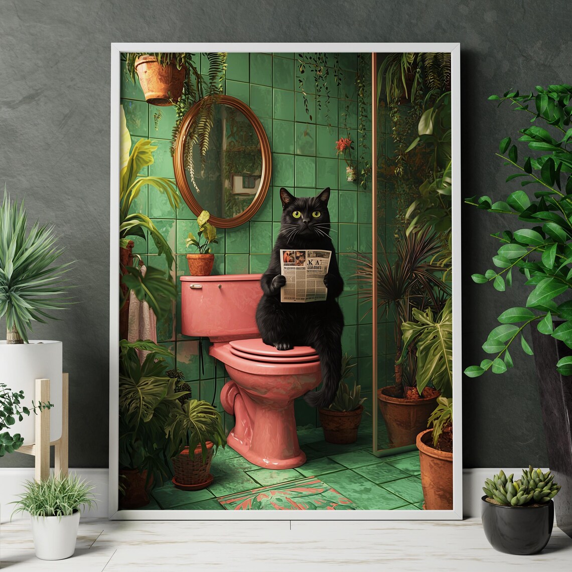 Funny Black Cat Bathroom Art Print, Jungle Decor