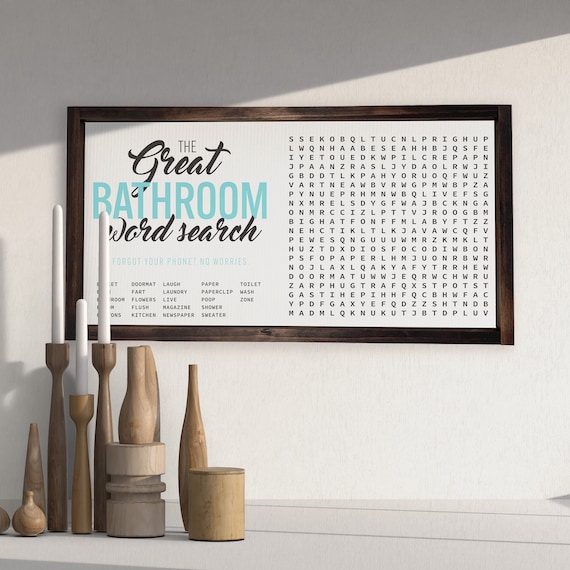 The Great Bathroom Word Search Print Bathroom Decor Funny Bathroom Wall Decor Custom Home Decor Modern Farmhouse Wood Framed