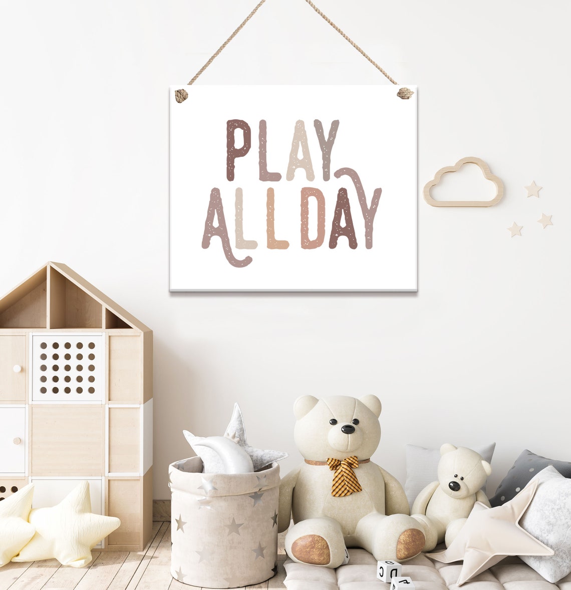 Play All Day Kids Playroom Sign Neutral Nursery Wall Art Decor - Image 2