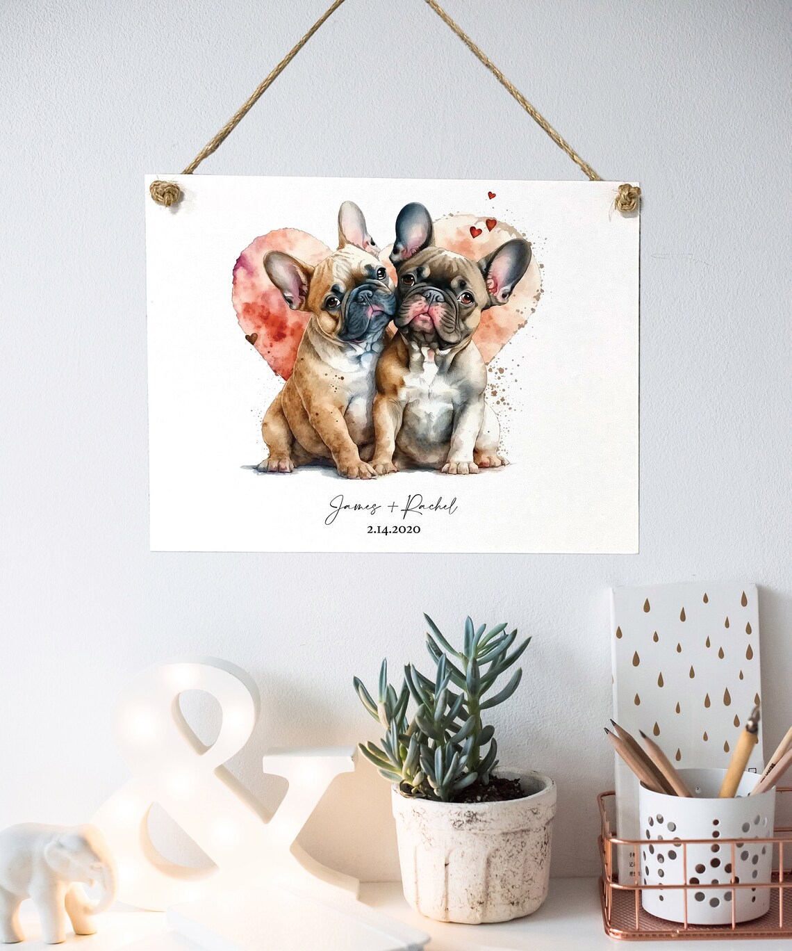 Custom Watercolor French Bulldog Couple Pet Portrait Gift Poster - Image 2
