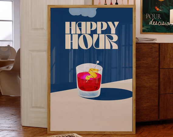 Retro Happy Hour Drinks Artpreppy Bar Cart Art Decortrendy Bar Artaesthetic Girly Bar Cart Artcocktail Artretro Bar Wall Art