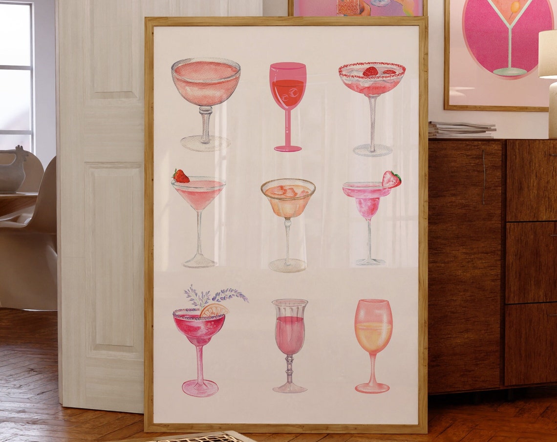 Nine Pink Watercolor Cocktails Grid Martini Coupe And Margarita Poster