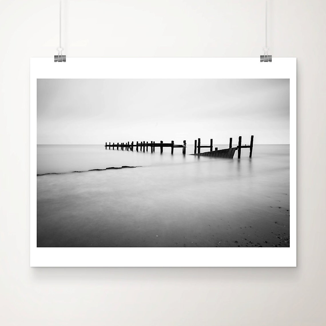 Black and White Weathered Wooden Pier Long Exposure Seascape Poster