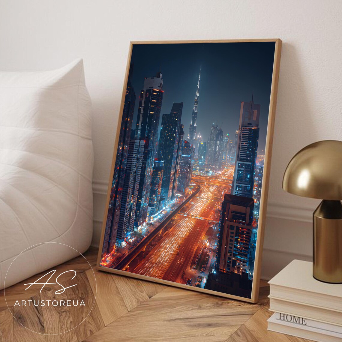 Dubai Skyline Night Burj Khalifa City Lights Urban Photo Poster
