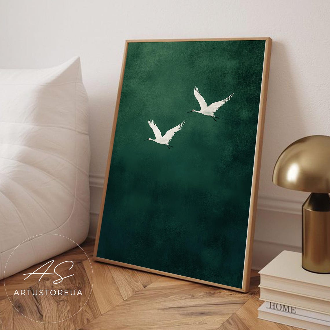 Flying Crane Birds Poster Emerald Background Art Print Minimalist Wall Decor Nature Illustration Elegant Flight Scene Serene Atmosphere