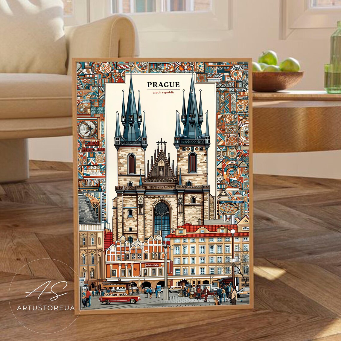 Prague Czech Republic Vintage Travel Poster Gothic Church Old Town Square