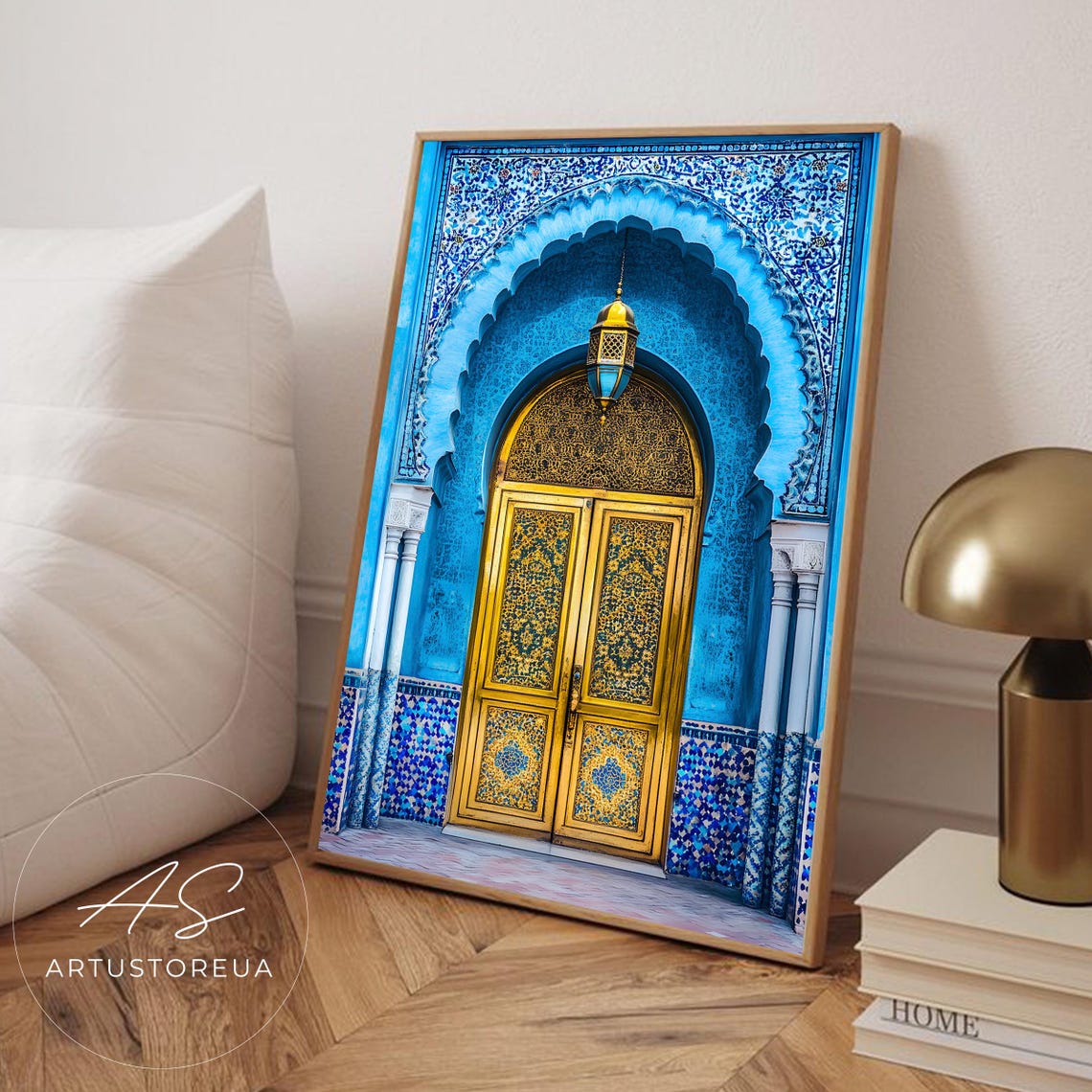 Blue and Gold Moroccan Doorway With Ornate Tiles and Lantern Poster
