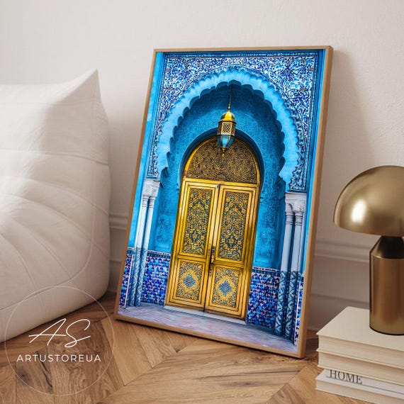Morocco Print Blue And Gold Moroccan Doorway Poster Exotic Architecture Wall Art Vibrant Mosaic Pattern Middle Eastern Inspired Decor