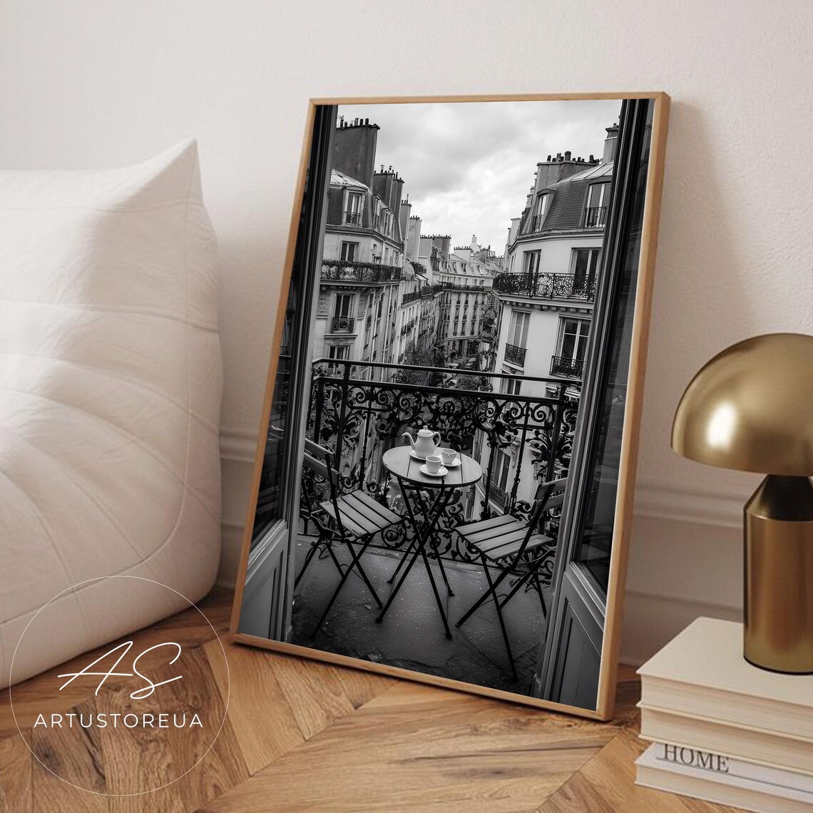 Black and White Paris Balcony With Coffee Table and City View Poster