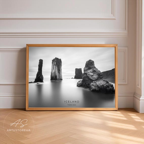 Iceland Poster Black And White Coastal Rock Art Print Nature Photography Minimalist Nordic Wall Monochrome Ocean View