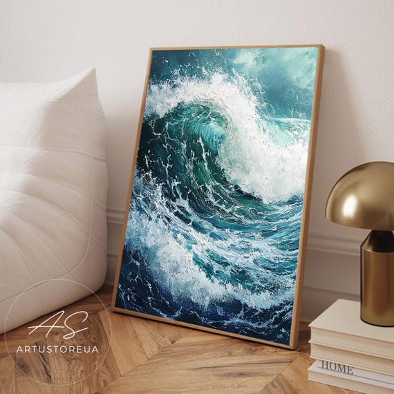 Dynamic Ocean Wave Print Textured Blue And White Surge Coastal Wall Decor Modern Art Nautical Illustration