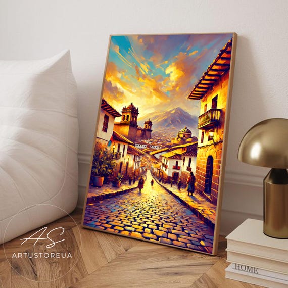 Peru Print Village Poster Illustration Andean Mountains Sunset Scene Wall Decor Latin America Art Travel Gallery